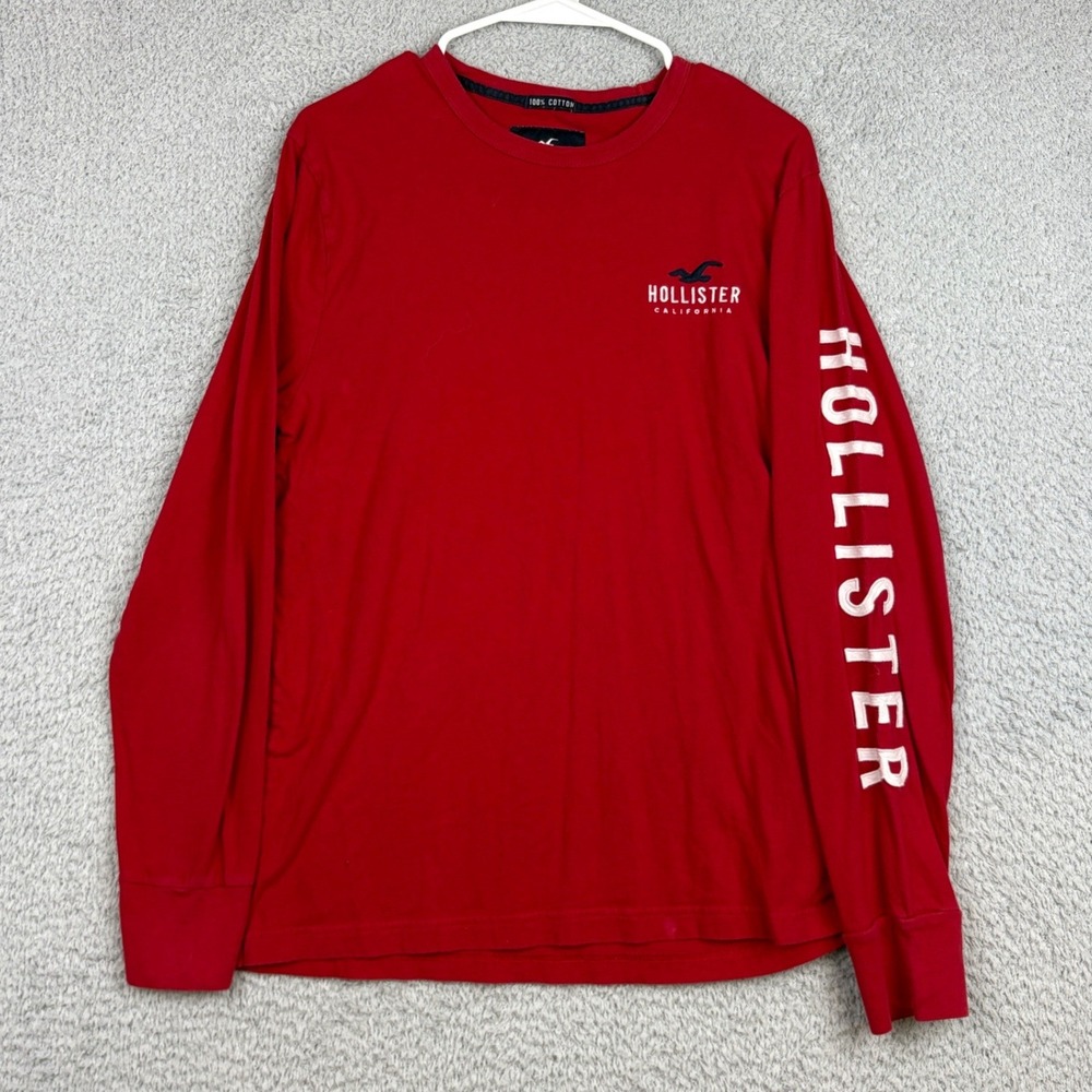Hollister Shirt Men Medium Red Long Sleeve Graphic Spell Out Logo Skater Sweater